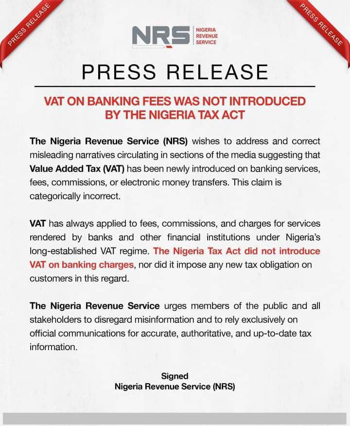NRS Release on VAT on Banking Services